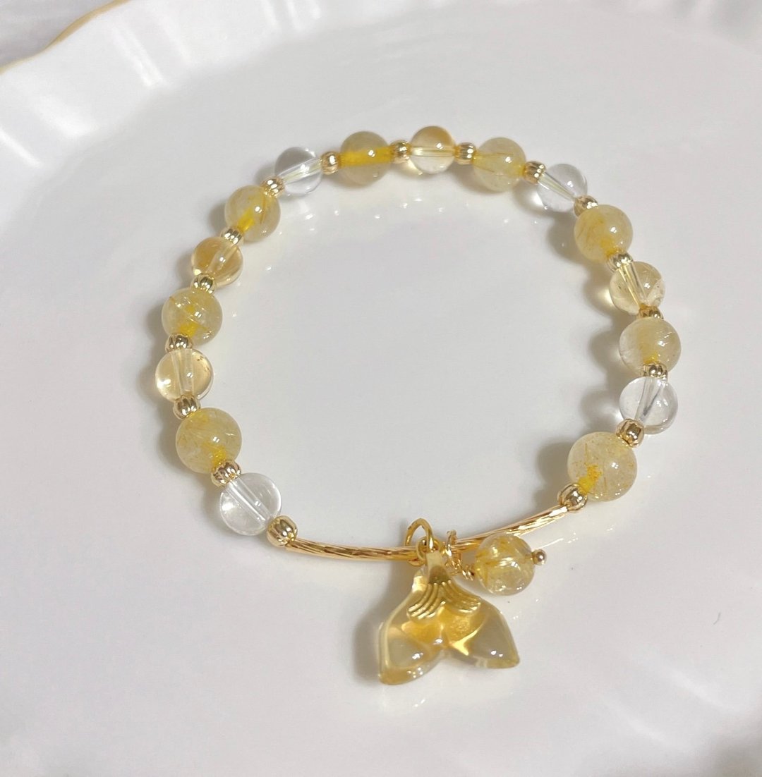 招财//白水晶/黄水晶//金发晶//萤石人鱼尾/弹性14K保色弹性手环 - 手链/手环 - 其他金属 白色