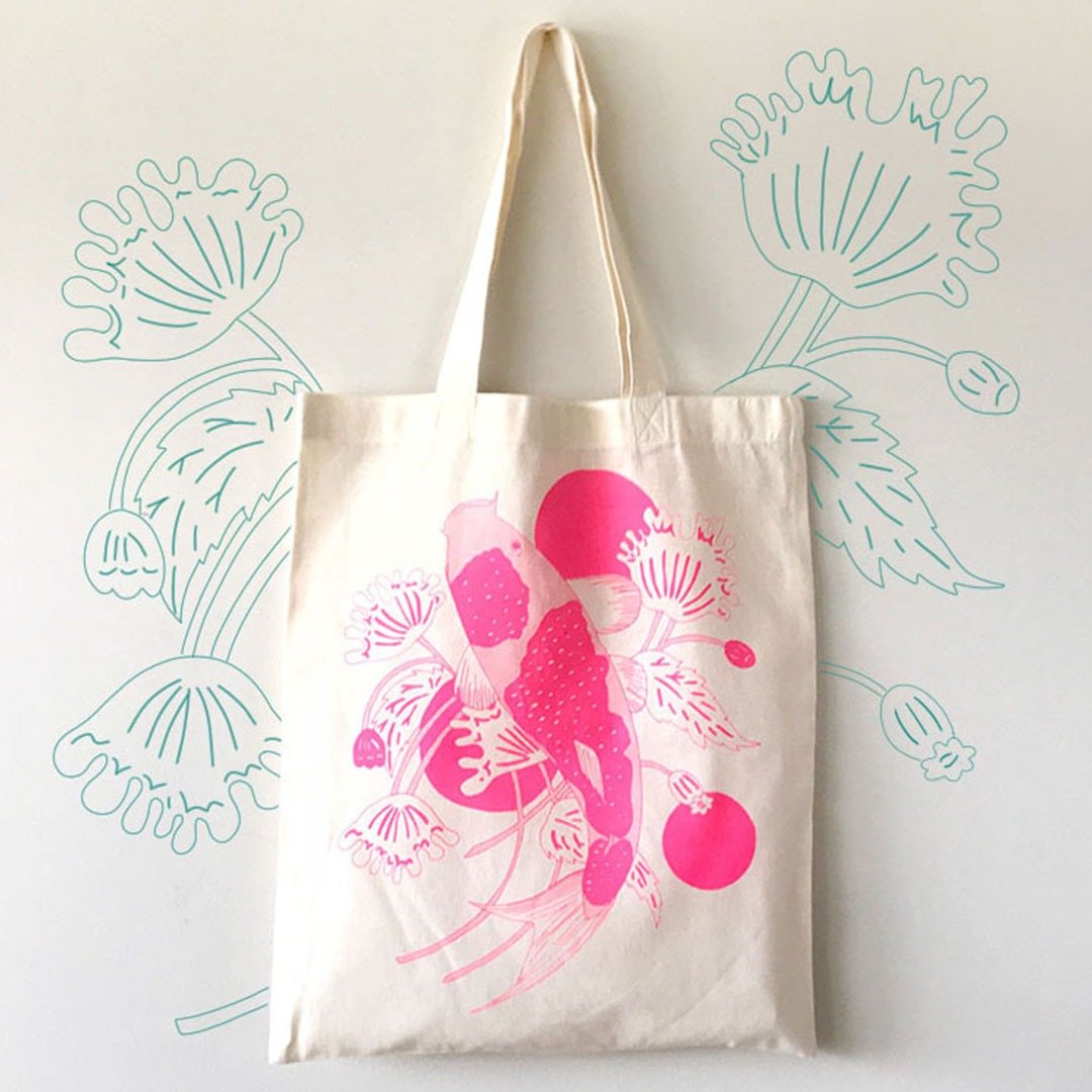 Organic Tote Bag  // Screen Print // Japanese Koi Fish // Neon Pink - 手提包/手提袋 - 棉 粉红色