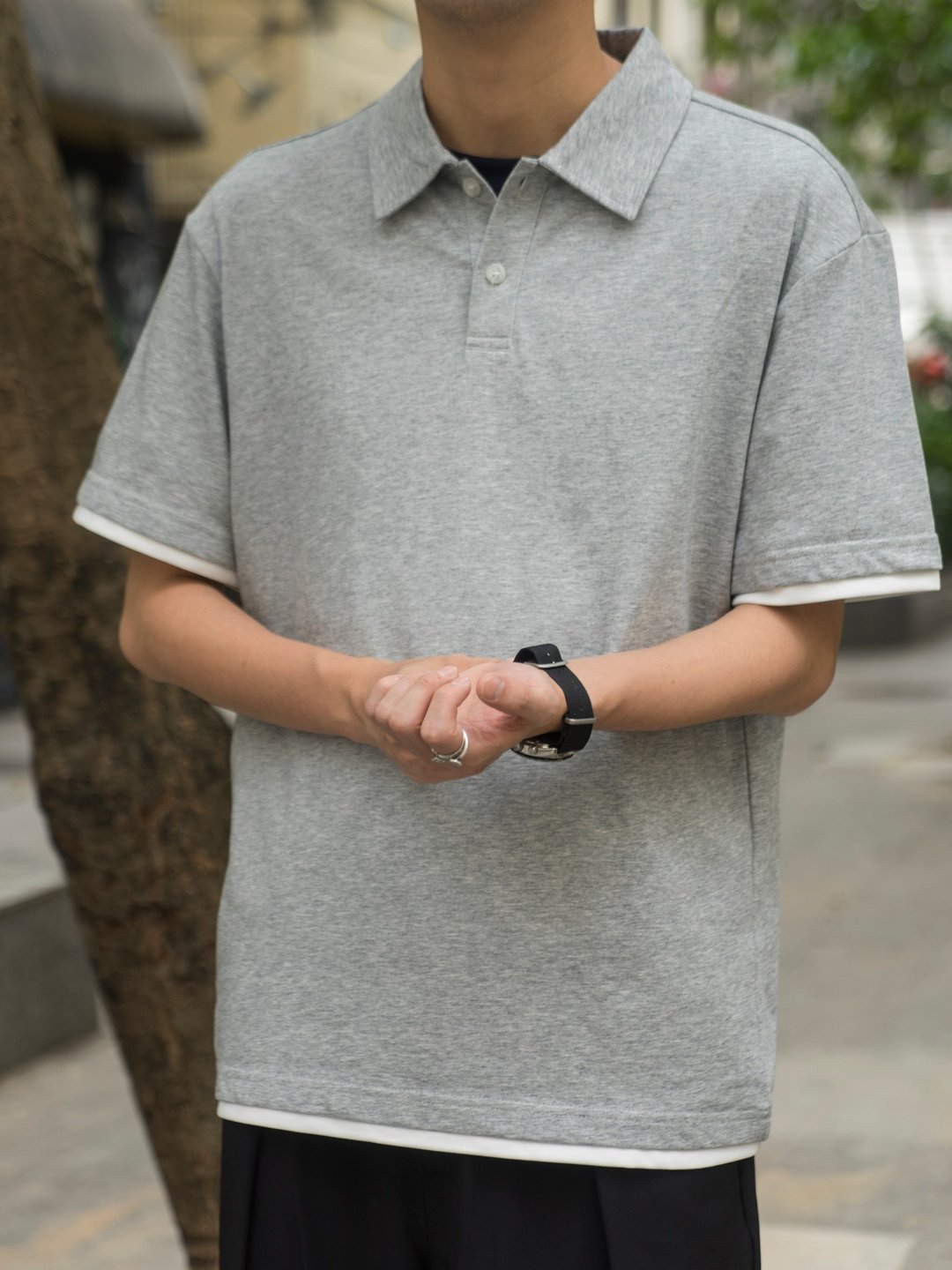 T-shirt 夏季基本款純色假两件短袖POLO 合身剪裁Cityboy - 男装上衣/T 恤 - 棉 灰色