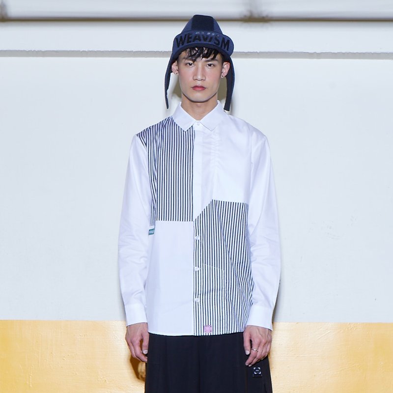 斜线阵 - 对角条纹拼接衬衫 (黑白条) - 男装衬衫 - 棉．麻 白色