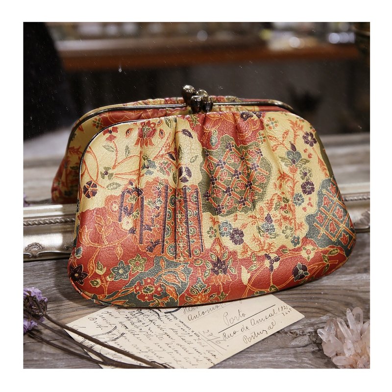 日本老件.昭和时期口金包.日式印花软皮革手拿包.海军蓝内衬.古着 - 手拿包 - 其他材质 