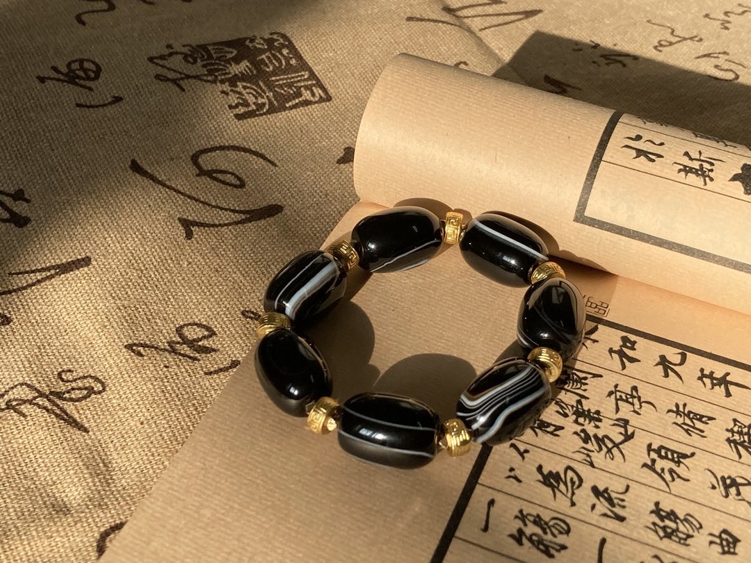 【九页岩天珠。弹性手串】天眼、西藏天珠、回纹珠|富贵、化煞 - 手链/手环 - 其他材质 