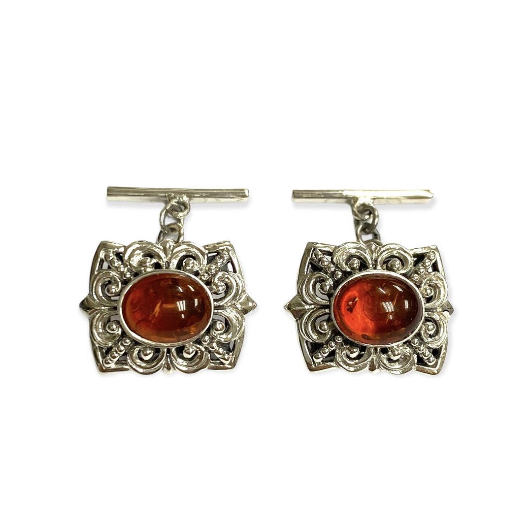 Victorian Style Brown Amber Wedding Cufflinks For Groom 925 Sterling Silver - 袖扣 - 纯银 咖啡色