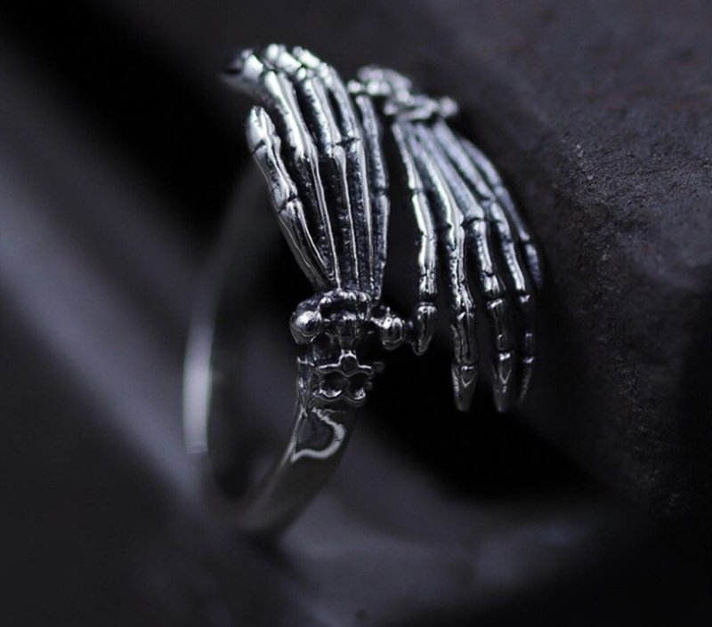 Real Thai S925 Silver Exaggerated Designer Skeleton Hands Open Rings for Men - 戒指 - 银 银色