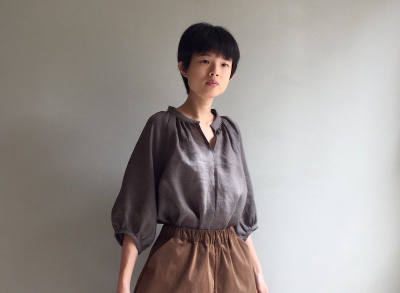 最美的一夜/棕绿色21支细致亚麻/小立领七分袖上衣/100%亚麻 - 女装上衣 - 棉 