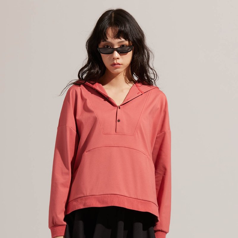 【新年开运色】REBOOT动能-超细磨毛半开襟连帽上衣-矿物红 - 中性连帽卫衣/T 恤 - 聚酯纤维 红色