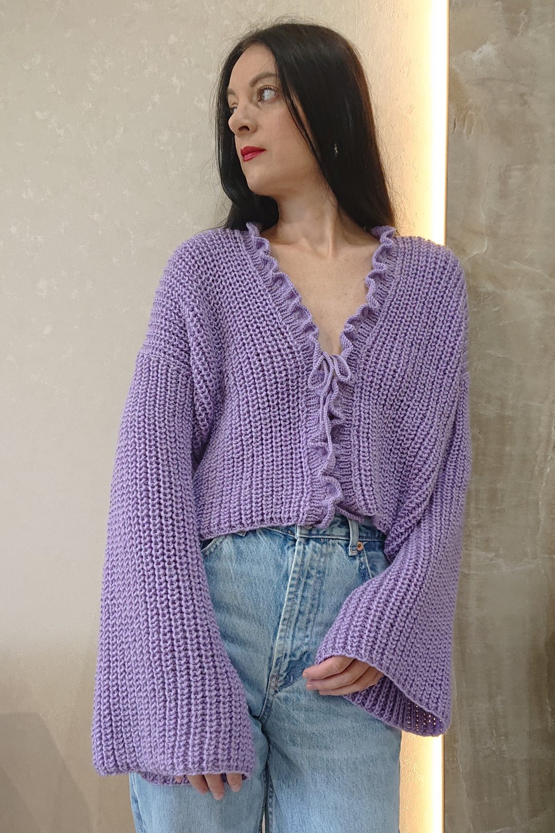 喇叭袖开襟外套 罗纹针织开襟外套 短版绑带开襟外套 女款 - 女装针织衫/毛衣 - 羊毛 