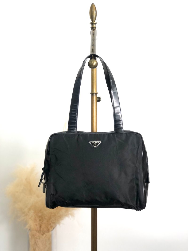[日本直邮，全新二手包] Prada 托特包，黑三角形标志，尼龙，皮革，Cadena，复古，5g8nni - 手提包/手提袋 - 真皮 黑色