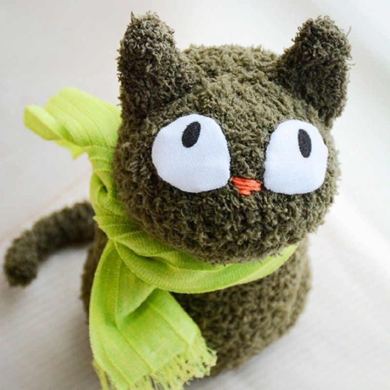 全手缝自然风袜子娃娃~军绿大眼猫(全手缝)特价 - 玩偶/公仔 - 棉．麻 绿色