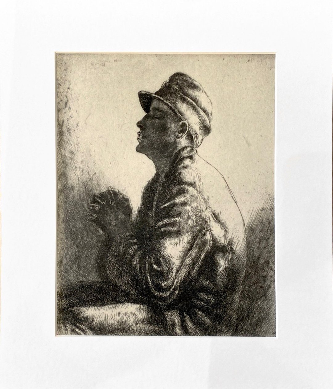 匈牙利艺术家 Julius Komjati  蚀刻版画 - Praying 1940 - 海报/装饰画/版画 - 纸 白色