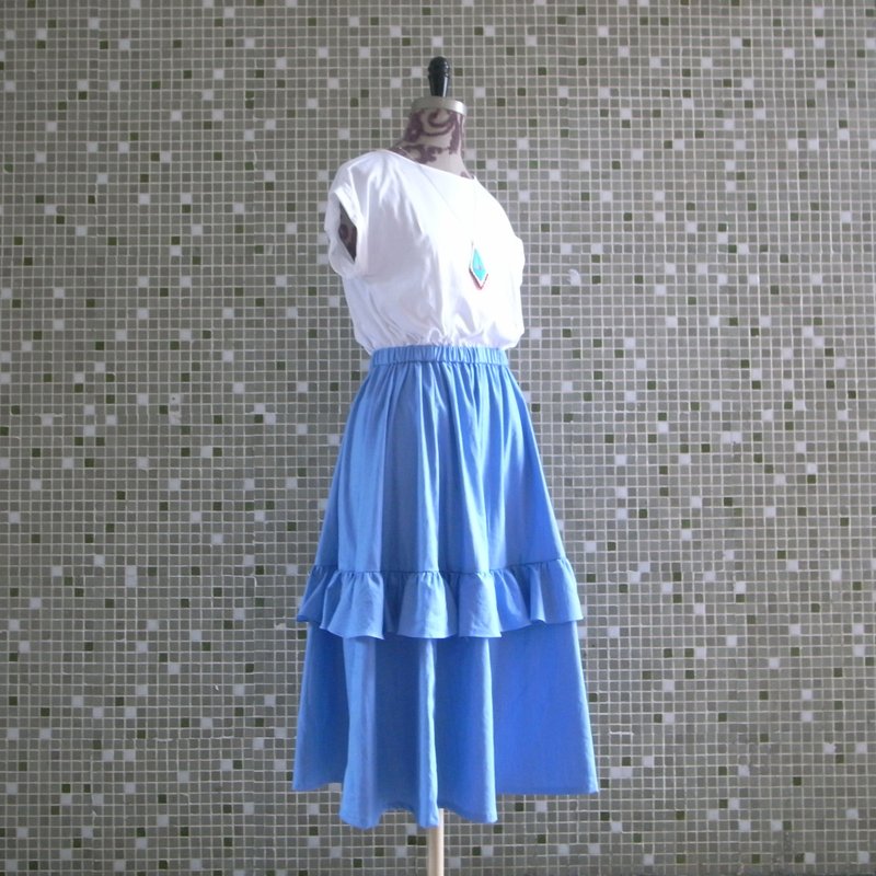 荷叶边伞裙 - 裙子 - 棉．麻 蓝色