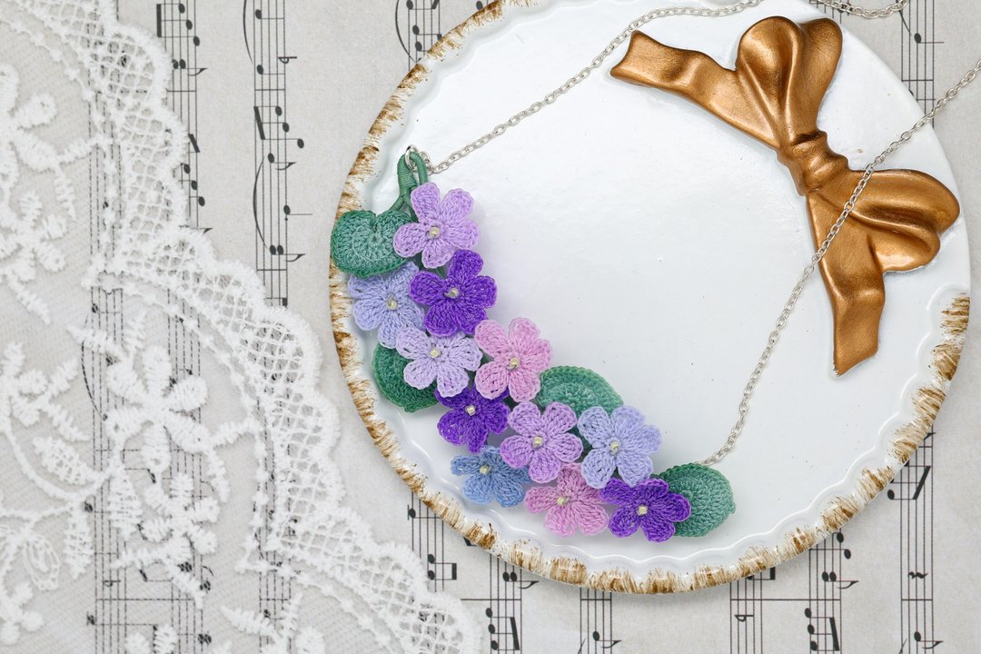 Violet necklace, Aesthetic crochet necklace, Cottagecore purple necklace - 项链 - 棉 紫色