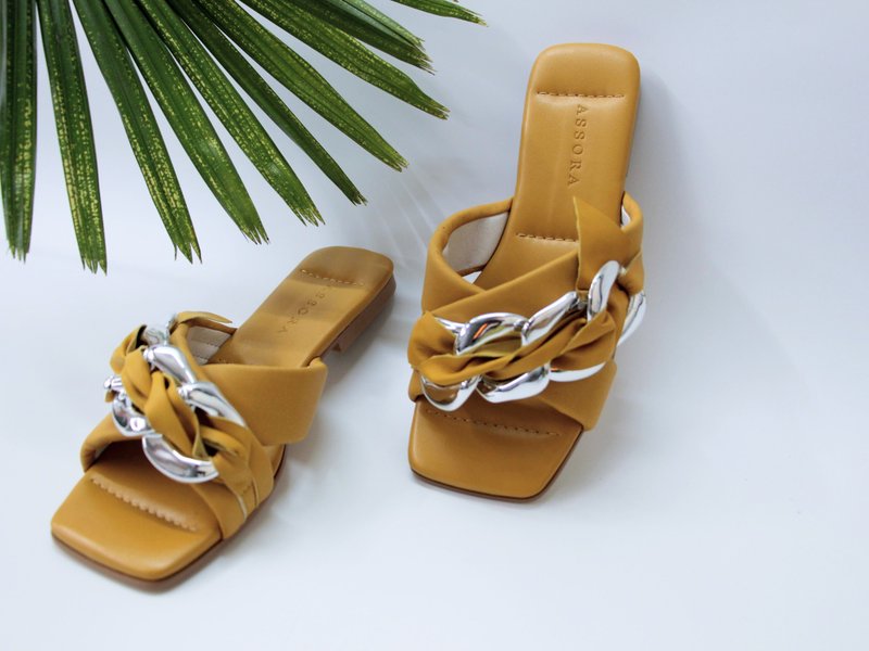 欧系时尚//超舒适//柔软羊皮 - 拖鞋 - 真皮 黄色