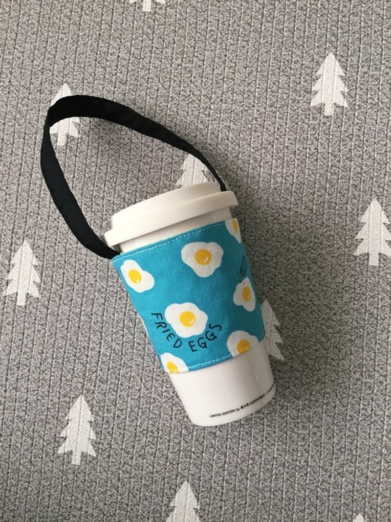 hairmo荷包蛋环保咖啡杯套/饮料杯提带-深蓝(手摇杯) - 随行杯提袋/水壶袋 - 棉．麻 蓝色