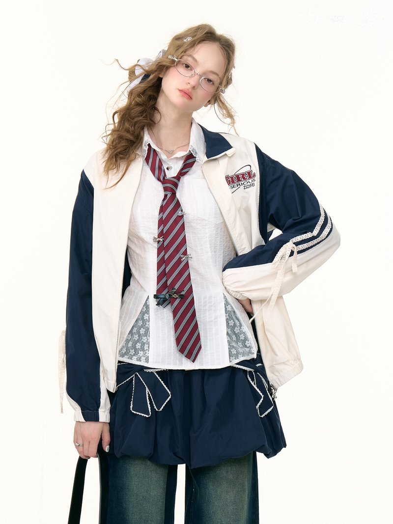 ziziFei秋冬季美式设计感撞色运动风蕾丝绑带双头拉链薄款外套女 - 女装上衣 - 其他材质 蓝色