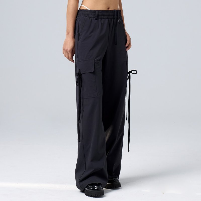 【全程台湾制造】-落地绑带直筒飞梭工装裤-乌黑 - 女装长裤 - 尼龙 黑色
