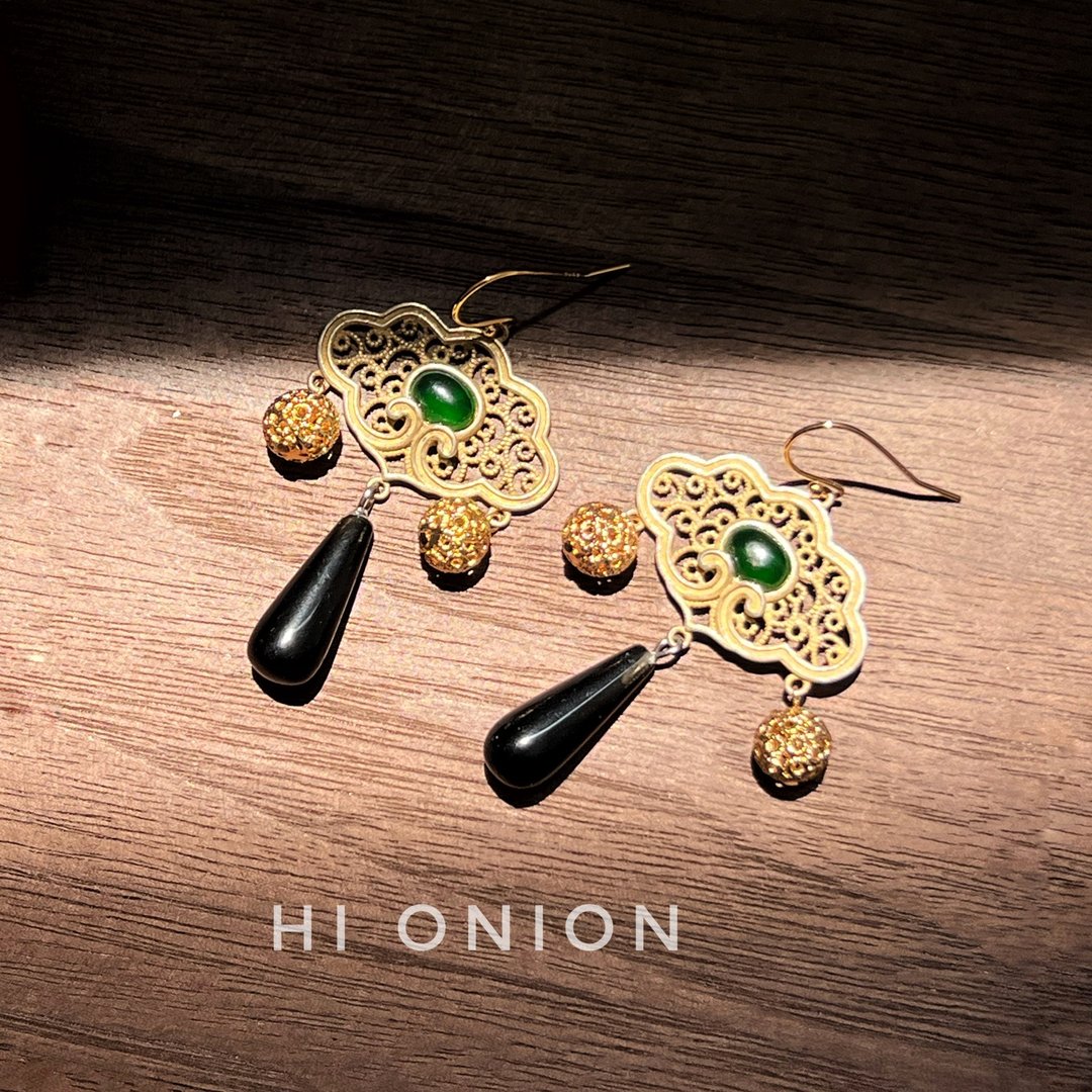 Hi Onion原创小众设计复古祖母绿玛瑙做旧耳环民族风耳夹个性 - 耳环/耳夹 - 玉石 