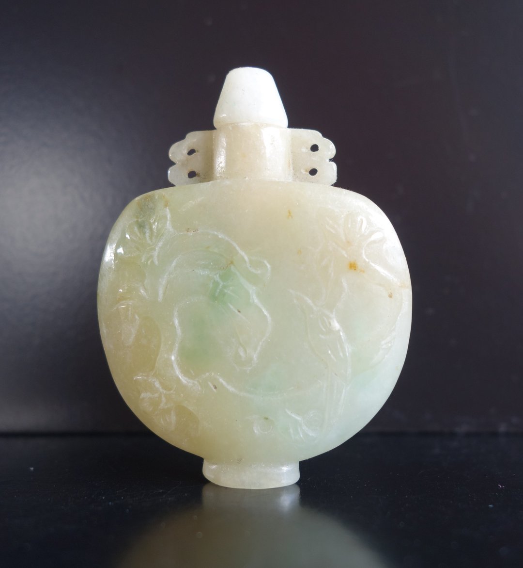 snuff bottle 清 老翡翠 冰种三彩鼻烟壶 缅甸 花卉鸟图案 摆件 - 摆饰 - 玉石 多色