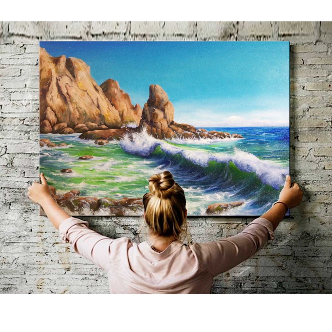 这幅画是一幅透明波浪的海景. 一幅大型油画。 尺寸60厘米x80厘米 - 海报/装饰画/版画 - 棉 蓝色