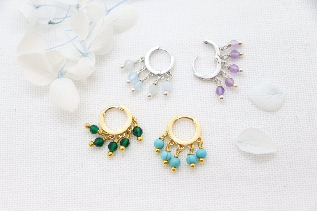 迷你 5 颗 Birthstone 垂坠圆圈耳环, 刻面宝石圆圈耳环, 疗愈 - 耳环/耳夹 - 铜/黄铜 