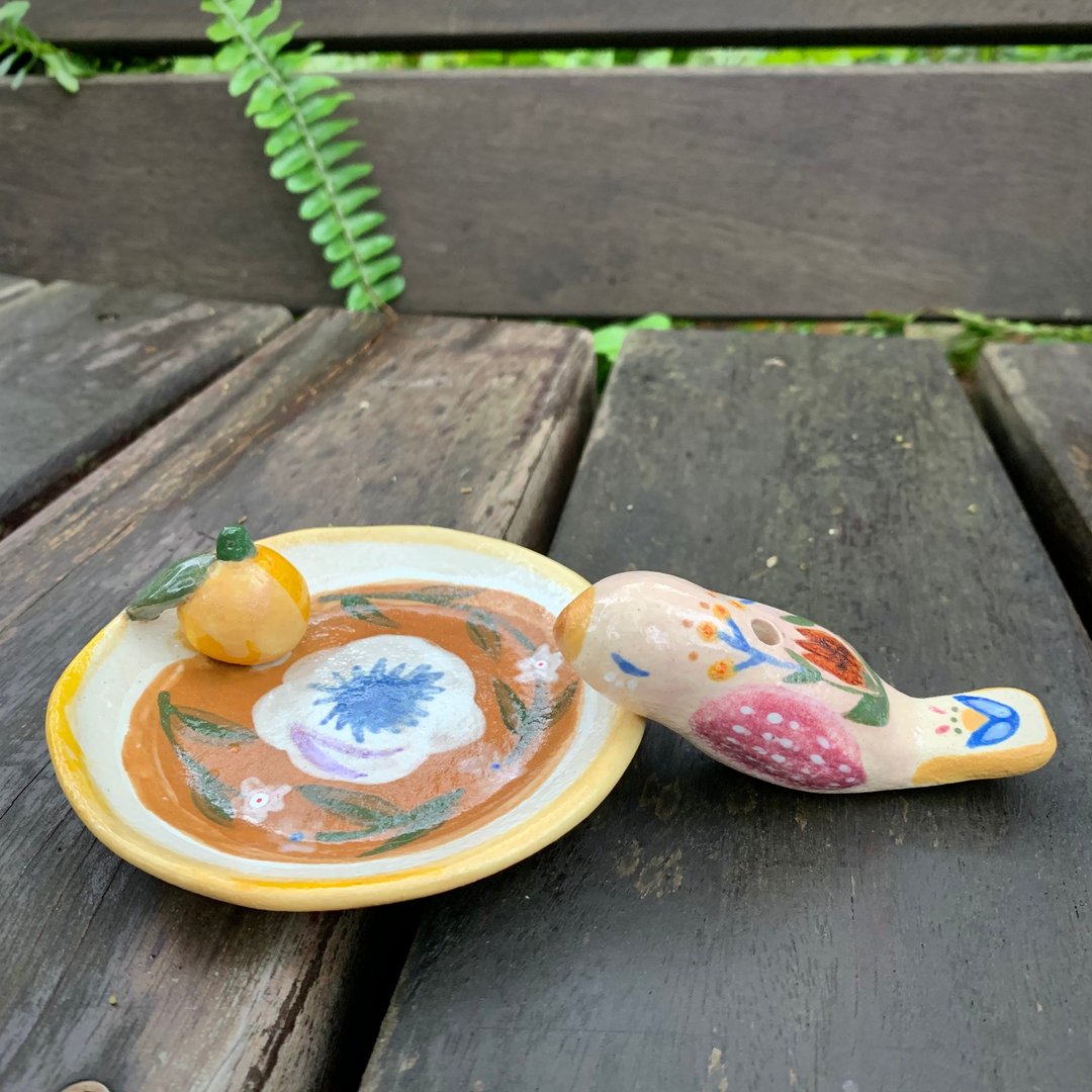 A Lu - 鸟及橘子陶盘一组/花器/摆饰/手做手绘 仅此一件 - 花瓶/陶器 - 陶 多色