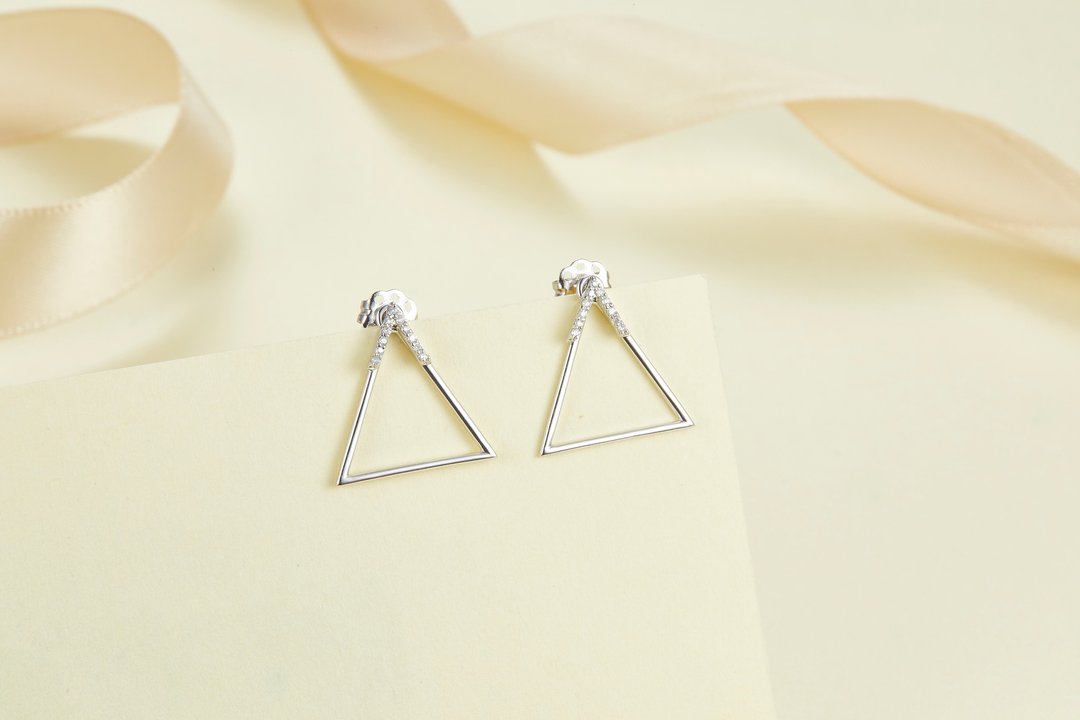 【PurpleMay Jewellery】纯18K金三角形两搭钻石耳环耳钉订制E020 - 耳环/耳夹 - 其他金属 银色