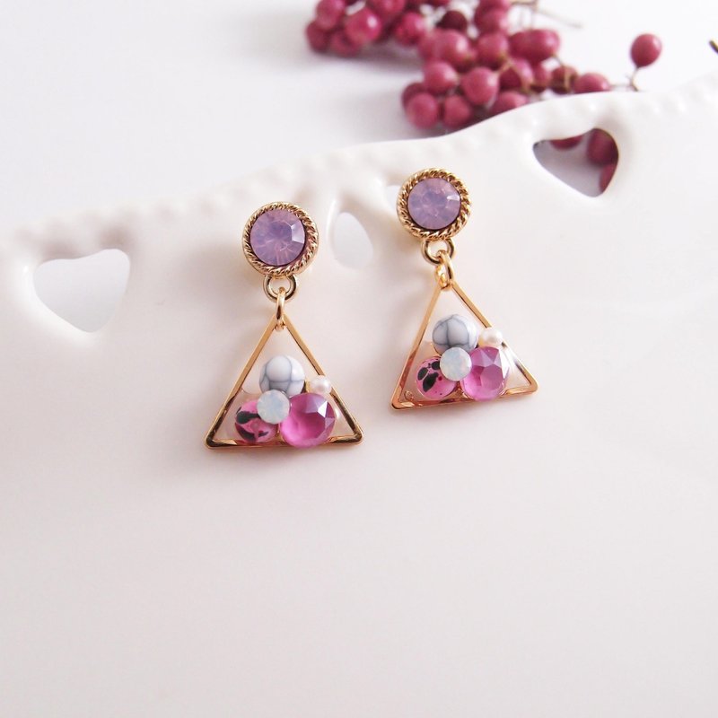 半宝石．粉红 - 蛋白钻耳针 / 可改硅胶耳夹 - 耳环/耳夹 - 宝石 粉红色