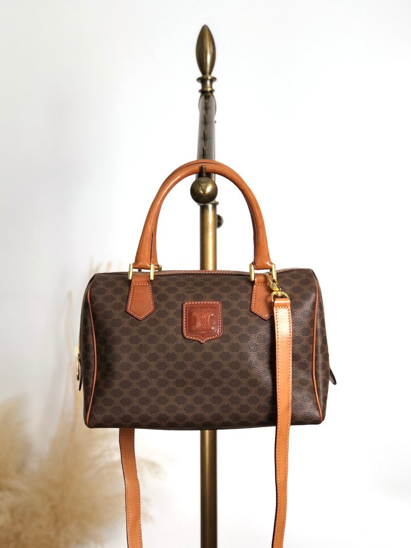 【日本直送 VintageShop solo 名牌中古包】CELINE  સελિન 马卡龙色 侧背包 棕色 经典 Logo PVC 皮革 迷你波士顿包 2way mxkp72 - 侧背包/斜挎包 - 防水材质 咖啡色