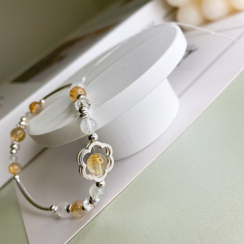 香煎 金发晶 月光石 黄水晶 925纯银水晶天然石弹性手链手环 - 手链/手环 - 水晶 黄色