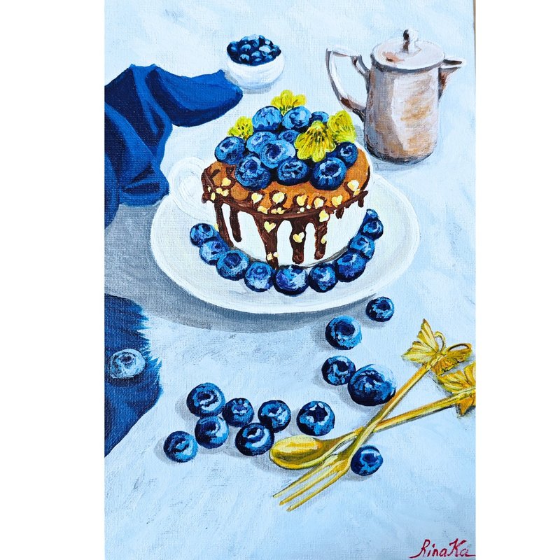 蓝莓巧克力蛋糕原创静物油画 美食艺术作品 作者 RinaArtSK - 墙贴/壁贴 - 其他材质 多色