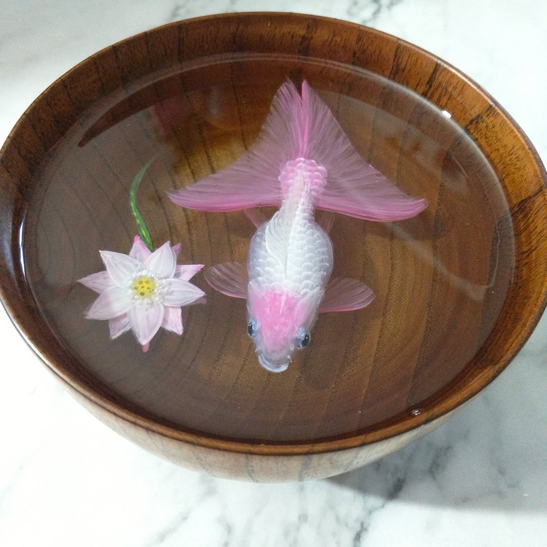 人望山 鱼窥荷 鱼戏莲叶间 3D树脂画手绘 永生鱼 可私人定制 - 摆饰 - 树脂 多色