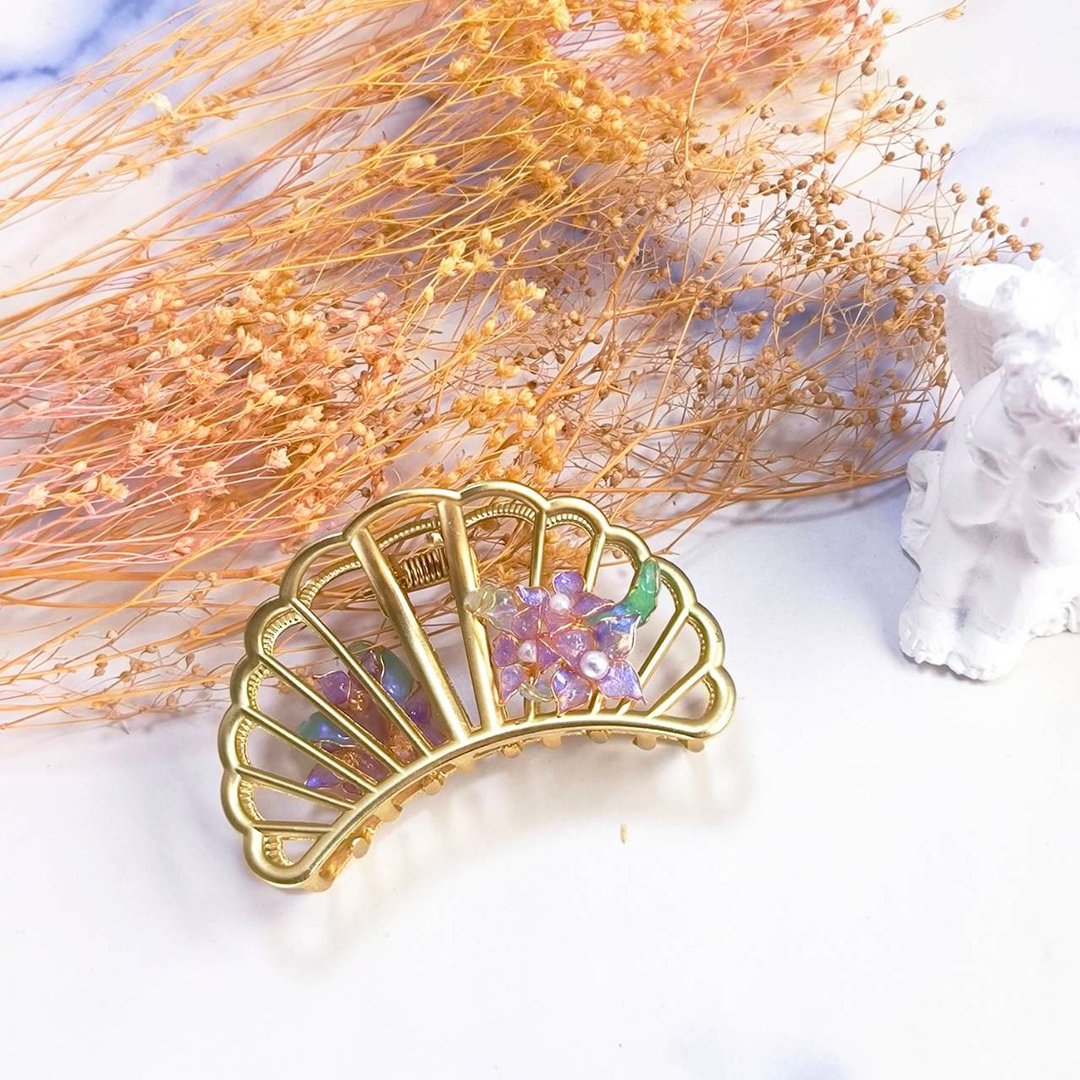 好质感双面雾紫色绣球花金属贝壳鲨鱼夹 时尚宝石胶树脂发夹 - 发饰 - 其他金属 紫色