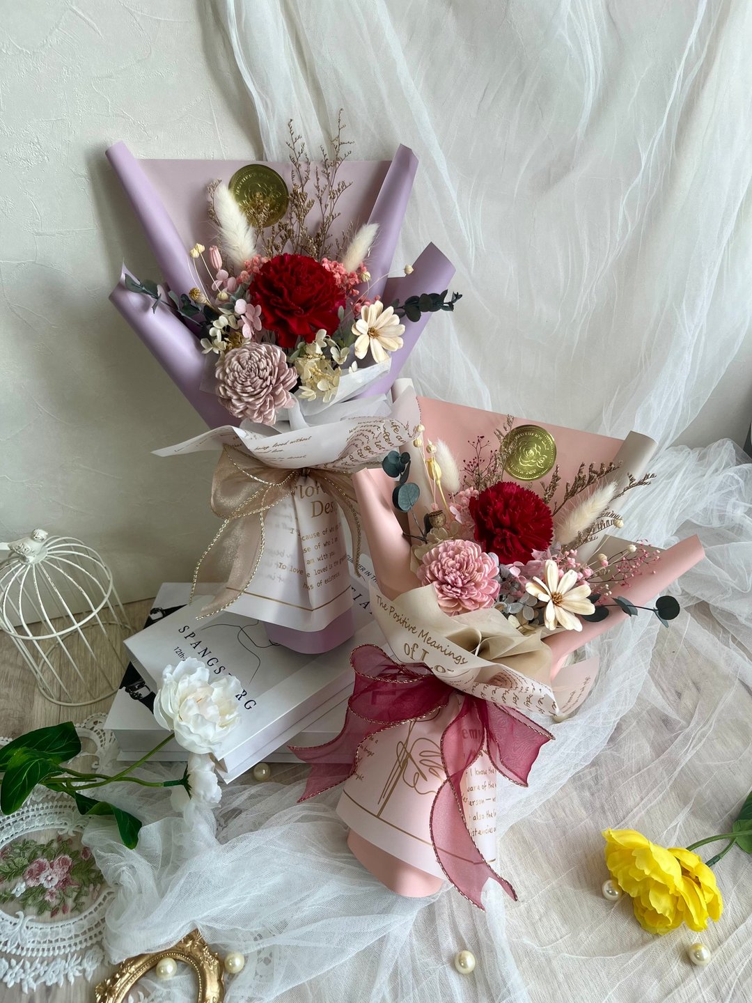 母亲节花束/浪漫粉色永恒花束/康乃馨花束/索拉花束 - 干燥花/捧花 - 植物．花 粉红色