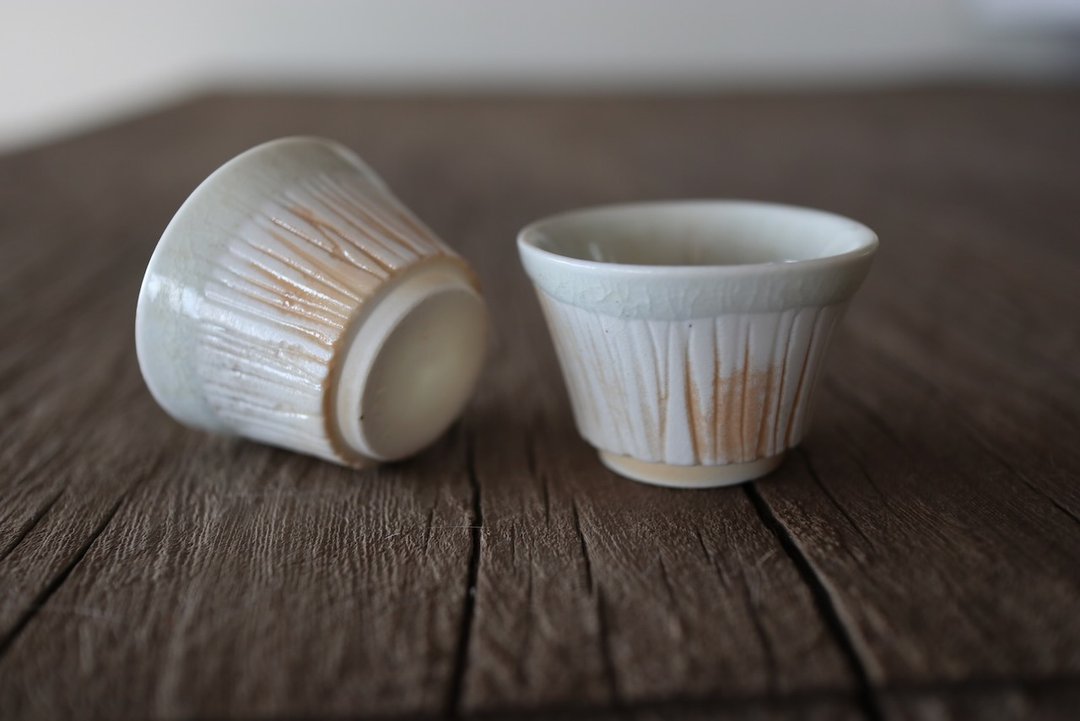 柴烧条纹小茶杯 - 茶具/茶杯 - 瓷 白色