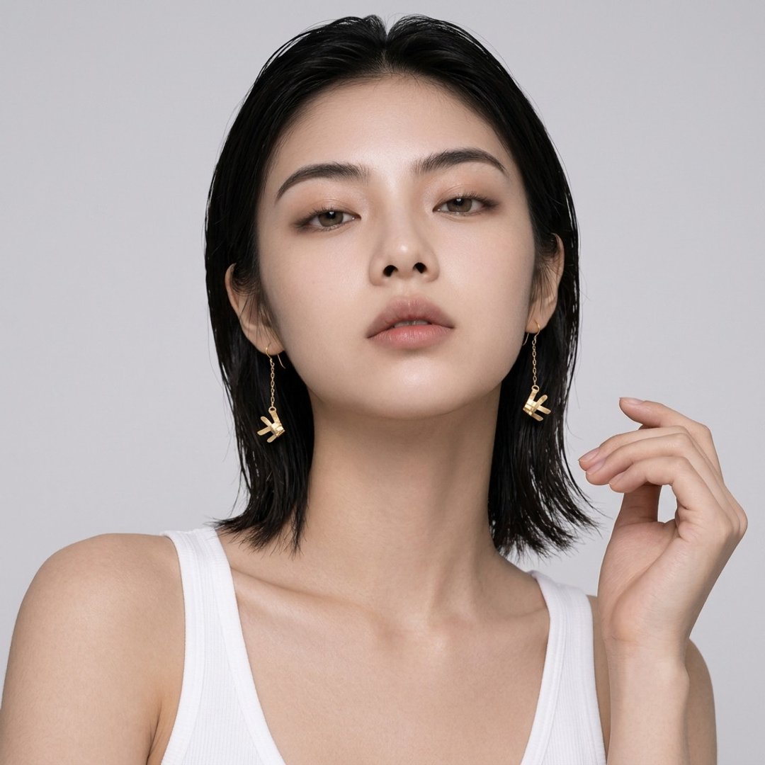 编织鲤鱼长链耳环，纯银 99.9，S 尺寸，18K 镀金，Rich Gold 色泽。 - 耳环/耳夹 - 银 金色