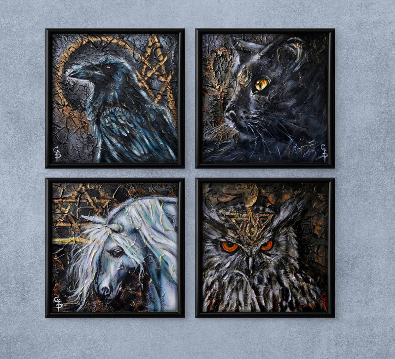 精神动物图腾乌鸦猫头鹰猫头鹰独角兽原创油画现代抽象 - 墙贴/壁贴 - 其他材质 黑色