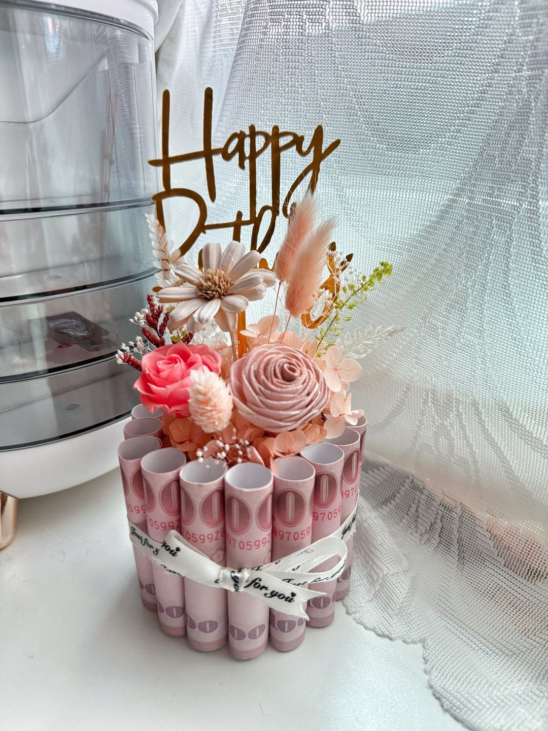 有钱花蛋糕 钞票蛋糕 祝贺蛋糕 纸钞蛋糕 生日蛋糕 永生花 - 干燥花/捧花 - 植物．花 粉红色