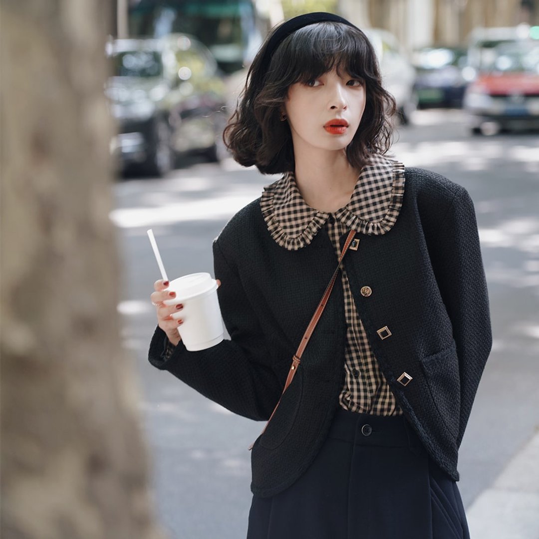 黑色编织纹理圆领外套|外套|秋款|羊毛混纺|Sora-806 - 女装休闲/机能外套 - 羊毛 黑色