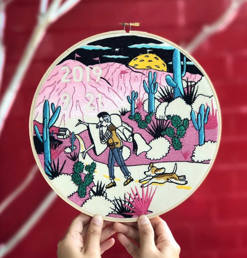 漫漫长路有你-定制化刺绣25X25cm - 订制画像 - 棉．麻 白色