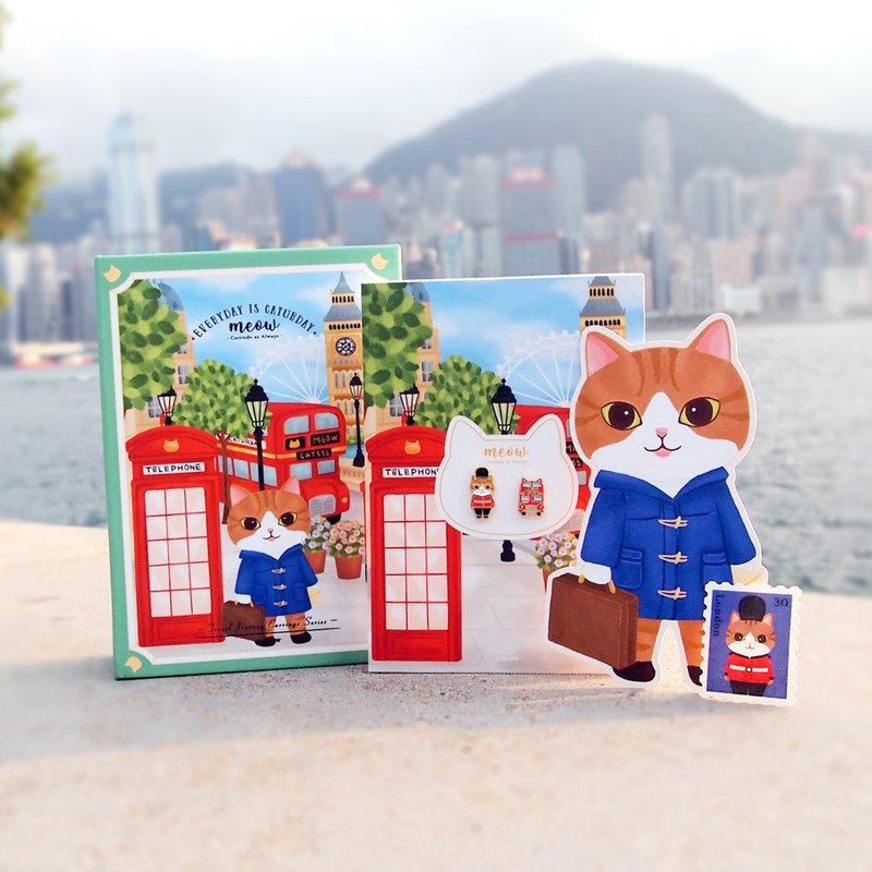 猫猫旅行游记耳环书盒套装-英国御林军猫和猫巴士耳环 - 耳环/耳夹 - 珐琅 绿色