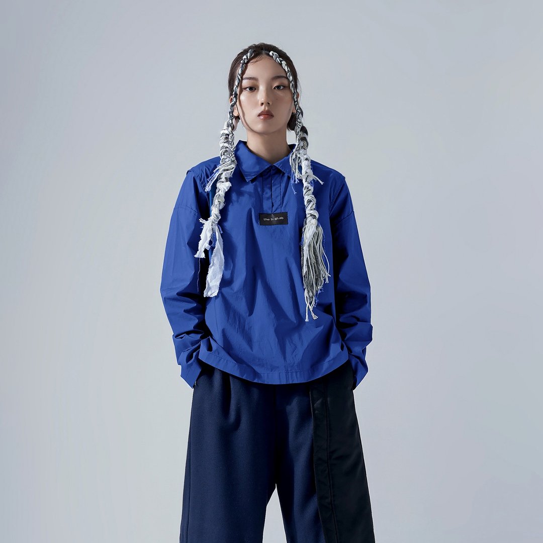 单扣半开襟上衣 - 女装衬衫 - 棉 蓝色