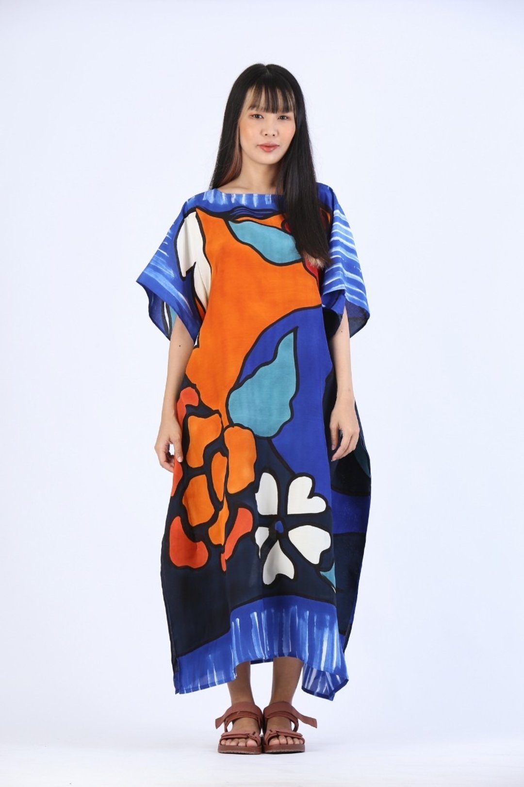 Hand Painted Cotton Silk Kaftan for Summer Resort Vacation - 洋装/连衣裙 - 棉 蓝色