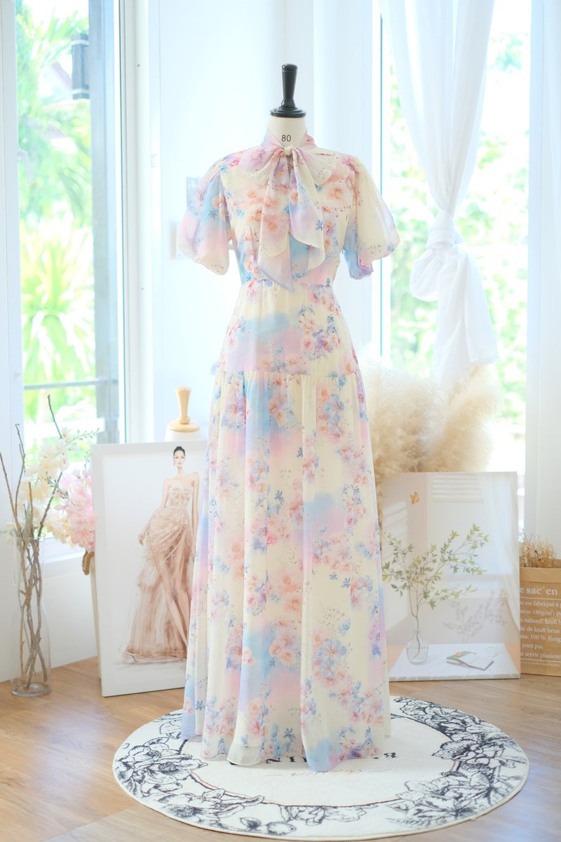 长洋装 公主袖 伴娘服 复古洋装 - 洋装/连衣裙 - 聚酯纤维 黄色