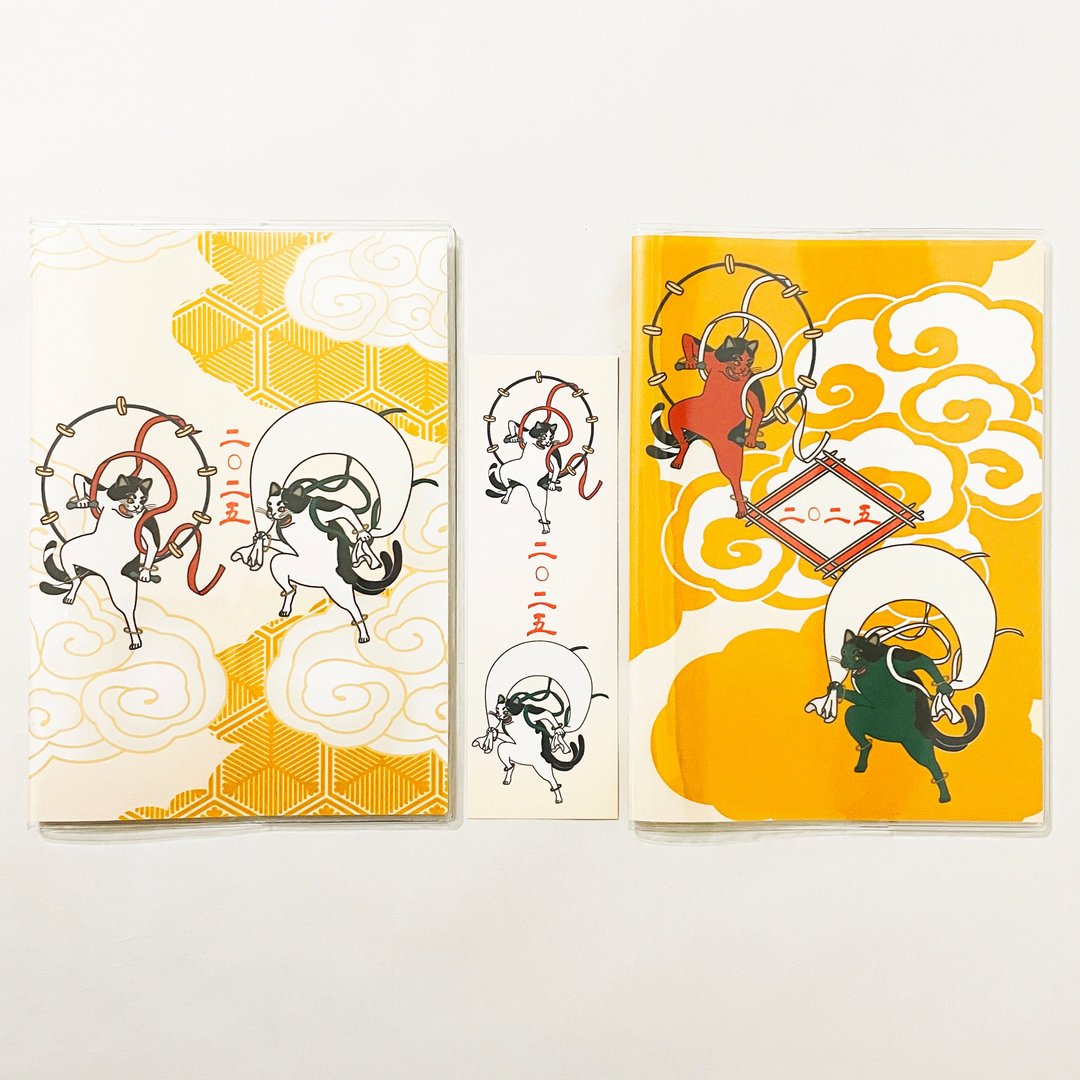 四月开始 2025年 风神雷神猫又 行事历手册 附两款插画封面与书签 B6 共48页 巳年 猫 黑白 妖怪 - 笔记本/手帐 - 纸 黄色