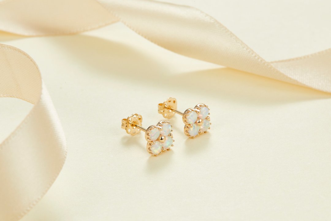 【天然澳宝】纯18K金四叶草澳宝蛋白石耳环耳钉 定制化订制 E019 - 耳环/耳夹 - 宝石 透明