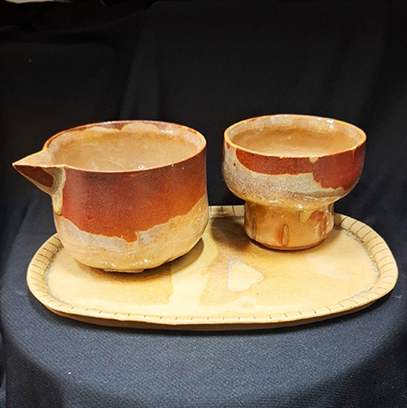 釉色瑕疵【陶版成型】托盘/杯/碗–圆胖胖抹茶杯碗组 - 茶具/茶杯 - 陶 咖啡色