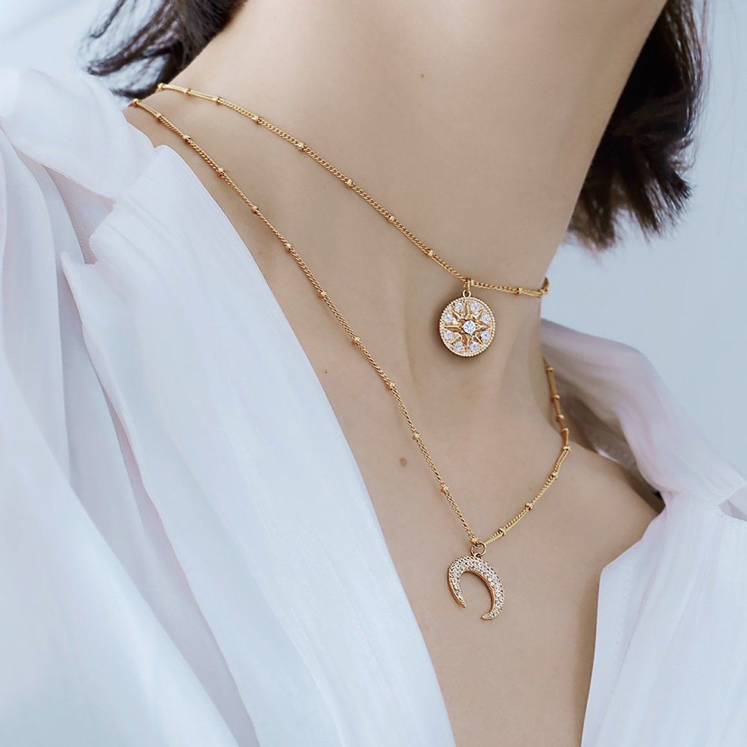 原创设计星月双层叠戴项链月亮月牙水钻女锁骨链包金choker - 项链 - 铜/黄铜 金色