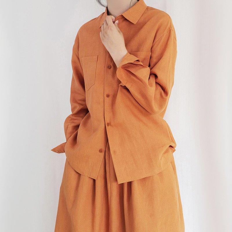 板栗研衣所 | 支线GM 胡萝卜橙亚麻单层长袖常规领基础款衬衫 - 女装衬衫 - 棉．麻 