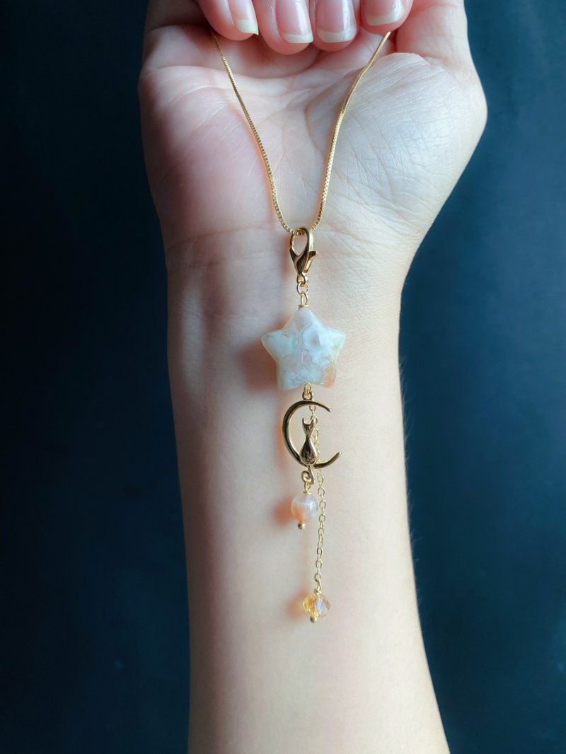 星愿 猫咪 水晶 守护 樱花玛瑙 随意扣 项链 包挂 礼物 天然石 - 吊饰 - 水晶 粉红色