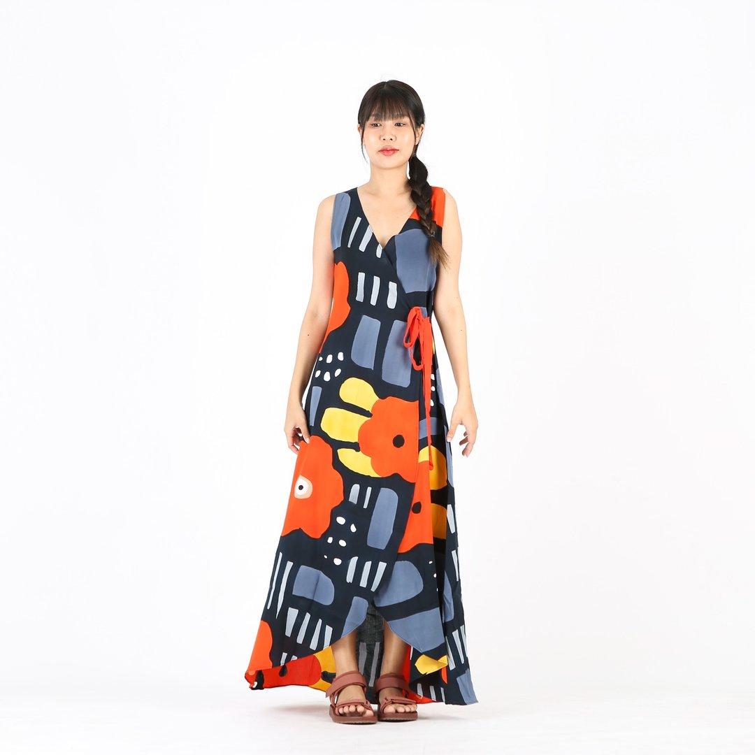 Long Dress Wrap Cotton Rayon Hand Paint - 洋装/连衣裙 - 棉 橘色